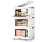 COSTWAY Boîtes Rangement Plastique 75/105 L, Caisses Rangement Pliables avec Roues, Porte, Couvercle, Poignée Anneaux, Porte Magnétique, Rangement Vetement, Livres, Jouet (75 L)
