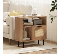 COSTWAY Bout de Canapé Étroit en Rotin Bohème, Table d'Appoint avec Étagère, Pieds en Métal, Armoire Bois Rustique pour Petit Espace, Salon, Chambre, Entrée