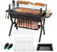 COSTWAY Brasero Extérieur Multifonctionnel avec Barbecue en Acier Inoxydable, Etagère de Rangement, 98 x 42 x 68 cm