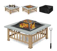 COSTWAY Brasero Extérieur pour Jardin, 81x81x50cm avec Grille Porte-bûches, Gril pour Barbecue, Tisonnier et Couvercle, Gris