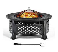 COSTWAY Brasero Extérieur Rond de 81 cm 3 en 1, Foyer à Bois en Acier Finition Résistante aux Hautes Températures avec Grille à Bûches Tisonnier Housse de Pluie, pour Camping Arrière-Cour