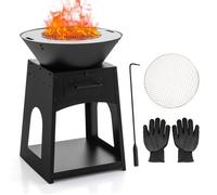 COSTWAY Brasero Foyer de Terrasse avec Rangement, Grille et Boîte à Cendres Etagère Inférieure Tisonnier et Gants, pour Barbecue