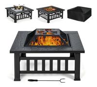 COSTWAY Brasero Jardin Multifonctions 81 x 81 x 50 cm avec Pare-étincelles,Grille Porte-bûches,Gril pour BBQ Tisonnier en Acier