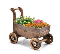 COSTWAY Brouette à Fleurs Jardinière en Bois de Sapin Carbonisé à Roues, Jardinière de Jardin avec Poignée et Trou de Drainage Charge 20KG, pour Patio Jardin Cour, 68 x 38,5 x 53,5 cm