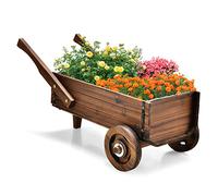 COSTWAY Brouette à Fleurs Jardinière en Bois de Sapin Carbonisé à Roues, Jardinière de Jardin avec Poignée et Trou de Drainage Charge 20KG, pour Patio Jardin Cour, 81 x 40 x 38,5 cm