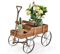 COSTWAY Brouette de Jardin Décorative en Bois-2 Compartiments à Planter-Roues Métalliques-Poignée-Charge 15kg-Cour,Véranda-Marron