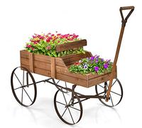 COSTWAY Brouette Décorative en Bois avec 2 Compartiments à Planter, Jardinière avec Roues Métalliques et Poignée à l'avant Charge 15kg pour Cour Jardin Véranda (Marron)