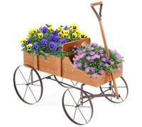 COSTWAY Brouette Décorative en Bois avec 2 Compartiments à Planter, Jardinière avec Roues Métalliques et Poignée à l'avant Charge 15kg pour Cour Jardin Véranda (Orange)