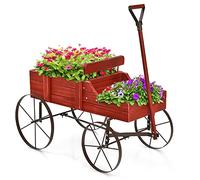 COSTWAY Brouette Décorative en Bois avec 2 Compartiments à Planter, Jardinière avec Roues Métalliques et Poignée à l'avant Charge 15kg pour Cour Jardin Véranda (Rouge)