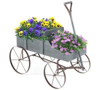 COSTWAY Brouette Décorative en Bois avec 2 Compartiments à Planter Roues Métalliques et Poignée à l'avant Charge 15kg pour Cour Jardin Véranda (Gris)