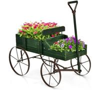 COSTWAY Brouette Décorative en Bois avec 2 Compartiments à Planter Roues Métalliques Poignée Charge 15kg pour Cour Vert