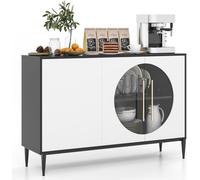 COSTWAY Buffet avec porte en verre trempé, armoire buffet avec 3 portes, armoire latérale & pieds métalliques surélevés Blanc