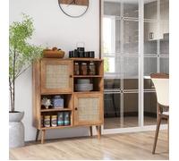 COSTWAY Buffet Cuisine, Meuble de Rangement avec 2 Placards 4 Compartiments, Porte Cannage, Style Bohème, 80 x 29,5 x 97 cm