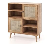 COSTWAY Buffet Cuisine, Meuble Rotin avec 2 Placards 4 Compartiments, Buffet Bois, Porte Cannage, Pieds en Bois Massif, Armoire Commode Bohème, 80 x 29,5 x 97 cm