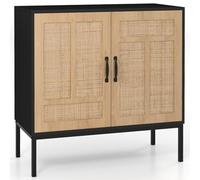 COSTWAY Buffet Cuisine Rotin, Meuble Cannage Bohème avec Portes en Rotin Tressé, Étagère Réglable, pour Salle a Manger, Salle de Bain (Noir)