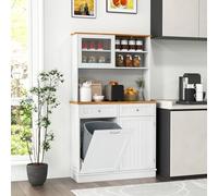 COSTWAY Buffet de Cuisine 2 Tiroirs, Meuble Cuisine avec Plan de Travail en Caoutchouc, Placard Basculant 38 L, Meuble Poubelle Rangement 172 cm, Armoire Vaisselier (Blanc)