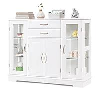 COSTWAY Buffet de Cuisine, Meuble de Rangement avec 2 Tiroirs, 2 Portes Simples en Verre Trempé et 1 Porte à La Française, Armoire pour Cuisine et Salon 107 x 30 x 82 CM (Blanc)