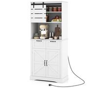 COSTWAY Buffet Haut Cuisine avec Prise, Buffet Vaisselier avec 2 Portes, 2 Tiroirs, Étagère Réglable, Support Micro-Ondes, Kits Anti-basculement, Meuble de Rangement pour Salle à Manger, Salon, Blanc