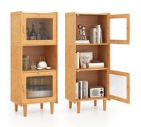 COSTWAY Buffet Vitrine 3 Compartiments, Armoire Cuisine Bambou Naturel, 49,5 x 40 x 130 cm, Porte Magnétique, Vaisselier Colonne Cuisine, Bibliothèque Salon