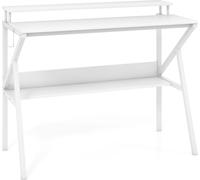 COSTWAY Bureau, 100x50cm table d'ordinateur, table de PC avec support d'écran, étagère, crochet & cadre métallique, table de bureau en bois, table de travail, blanc