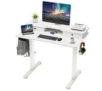 COSTWAY Bureau Assis-Debout Electrique 100x60 cm, avec 2 Tiroirs, Réglable en Hauteur, Support d'Ecran, Etagère de Rangement, 2 Crochets de Suspension, 3 Hauteurs Prédéfinies (Blanc)