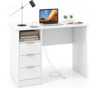 COSTWAY Bureau avec 3 tiroirs et station de chargement, petit bureau informatique, bureau enfant, bureau moderne, table PC blanc 108 x 48 x 76cm