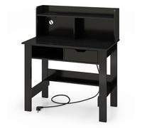 COSTWAY Bureau avec prises de courant, Petite table d'ordinateur avec rehausse, compartiment ouvert & tiroir, table PC, table de bureau 95x56x109,5cm Noir