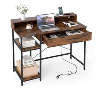 COSTWAY Bureau avec Rangement, Table avec Station de Charge, Étagère Supérieure, Grand Tiroir & Étagère à 2 Niveaux, Bureau à Domicle Cadre en Métal, Poste de Travail pour Chambre (Marron Rustique)
