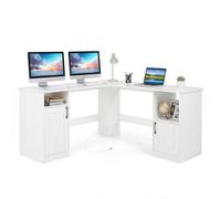 COSTWAY Bureau d’Angle en Forme de L, Bureau Informatique avec Station de Charge Intégrée, 2 Prises, Étagères, Placards de Rangement, Poste de Travail Style Moderne pour Chambre, Étude, Blanc
