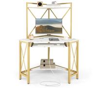 COSTWAY Bureau d’Angle Informatique avec Clapier, Étagères et Plateau pour Clavier, Prises Secteur et Ports USB, Blanc