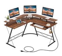 COSTWAY Bureau d’Angle Informatique-Support d’Écran, Prise de Courant, Plateau pour Clavier, Crochet pour Casque, Marron