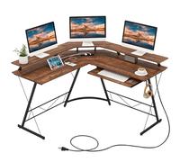 COSTWAY Bureau d'angle 130 x 130 cm, Bureau d'Ordinateur en Forme de L avec Long Support de Moniteur, Plateau à Clavier, Table Informatique avec 2 Prises de Courant & 2 USB (Marron Rustique)