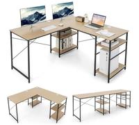 CostwayBureau d'Angle 151 x 151 x 75 CM Ajustable à Bureau Droit 4 Etagère de Rangement Grand Table pour 2 Personnes Naturel