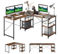 COSTWAY Bureau d'Angle - 151 x 151 x 75 CM - Ajustable à Bureau Droit,4 Etagère de Rangement,Grand Table pour 2 Personnes Marron