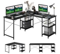 COSTWAY Bureau d'Angle - 151 x 151 x 75 CM - Ajustable à Bureau Droit,4 Etagère de Rangement,Grand Table pour 2 Personnes Noir