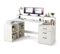COSTWAY Bureau d'Angle 166 x 90 x 92 cm - Station de Recharge Intégrée - Tiroir de Classement, Supports pour Imprimante et Écran