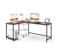 COSTWAY Bureau d'angle 168 x 125 cm, Bureau d'ordinateur en Forme de L avec Support UC, 2 Prises Électriques et Port USB & Type C, Poste de Travail Cadre en Métal (Marron Rustique)