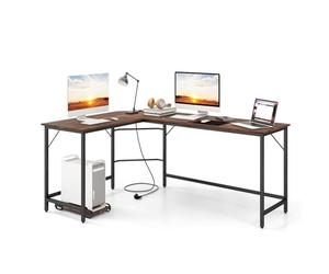 COSTWAY Bureau d'angle 168 x 125 cm, Bureau d'ordinateur en Forme de L avec Support UC, 2 Prises Électriques et Port USB & Type C, Poste de Travail Cadre en Métal (Marron Rustique)