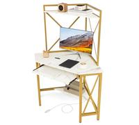 COSTWAY Bureau d'angle avec Étagère de Rangement, Bureau Informatique avec 2 Prises de Courant & 2 USB, Plateau pour Clavier, Cadre en Métal, Design Élégant(Blanc)