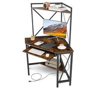 COSTWAY Bureau d'angle avec Étagère de Rangement, Bureau Informatique avec 2 Prises de Courant & 2 USB, Plateau pour Clavier, Cadre en Métal, Design Élégant(Marron Rustique)