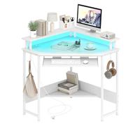 COSTWAY Bureau d'angle avec Station de Charge, Bureau Gaming avec LED, Plateau pour Clavier et Support pour Écran, Crochets et Étagère pour Petits Espaces (Blanc)
