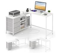 COSTWAY Bureau d'Angle Convertible avec Prise de Courant, 3 Tiroirs en Tissu et Étagères en Maille Métallique, Blanc