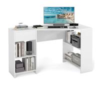 COSTWAY Bureau d'Angle en Forme de L 120 CM avec Tiroir et Étagères de Rangement, pour Étude, Travail à Domicile, Salon, Blanc