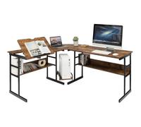 COSTWAY Bureau d'Angle en forme de L Ajustable à 2 Tables Droits, 2 Personnes avec Plateau Inclinable, Support Centrale Brun foncé
