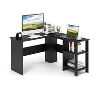 COSTWAY Bureau d'angle en Forme de L, Table Informatique avec Étagères de Rangement à 2 Niveaux, 2 Passe-câbles, Bureau d'Ordinateur pour Bureau, Chambre, 130 x 130 x 74 cm, Noir