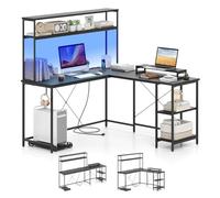 COSTWAY Bureau d'angle en L 145 x145 cm, Bureau Gaming avec LED Reversible, Bureau d'Ordinateur avec Multiprise, Support pour Écran & CPU, Étagères de Rangement, Crochet pour Casque (Noir)