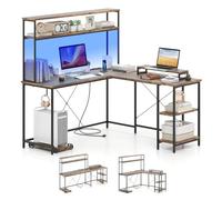 COSTWAY Bureau d'angle en L 145 x145 cm, Bureau Gaming avec LED Reversible, Bureau d'Ordinateur avec Multiprise, Support pour Écran & CPU, Étagères de Rangement, Crochet pour Casque (Marron Rustique)