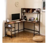 COSTWAY Bureau d'Angle en L avec Étagères de Rangement et Accroche-casque Bibliothèque pour Gamer, Étude 150 x 120 x 148 cm Marron Multicolore