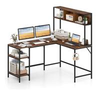 COSTWAY Bureau d'Angle en L avec Étagères de Rangement et Accroche-casque Bibliothèque pour Gamer, Étude 150 x 120 x 148 cm Marron