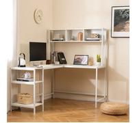 COSTWAY Bureau d'Angle en L avec Étagères de Rangement et Accroche-casque Bibliothèque pour Gamer, Étude 150 x 120 x 148 cm Blanc Multicolore